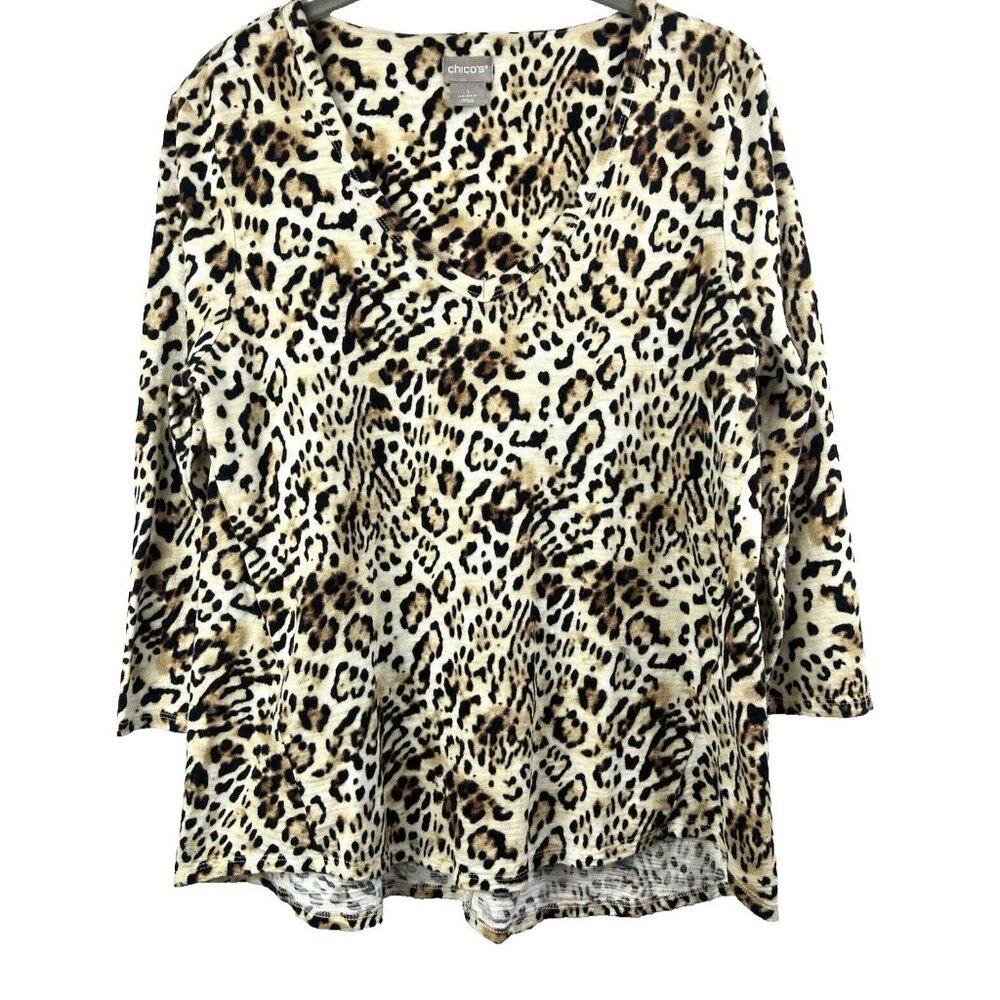 Chicos Women's Top Medium‎ 1 3/4 Sleeve Leopard Cheetah Pullover Stretch Animal